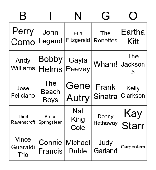 Christmas Song Artists Bingo Card