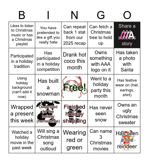AAA Christmas Bingo Card