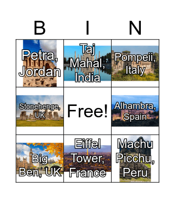 Landmarks Bingo Card