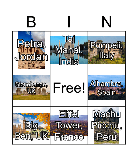 Landmarks Bingo Card