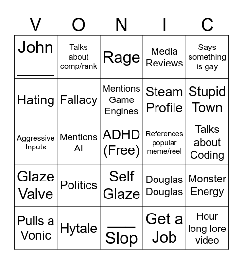 Vonic Bingo Card
