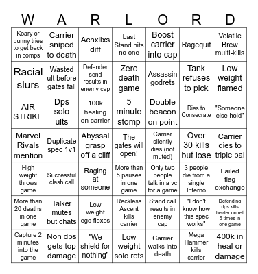 Warlords Bingo Card