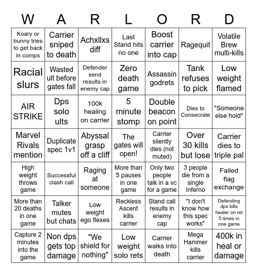 Warlords Bingo Card