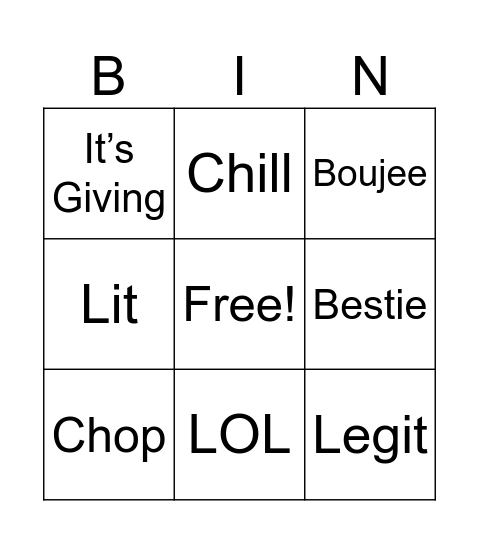 Slang 2 Bingo Card