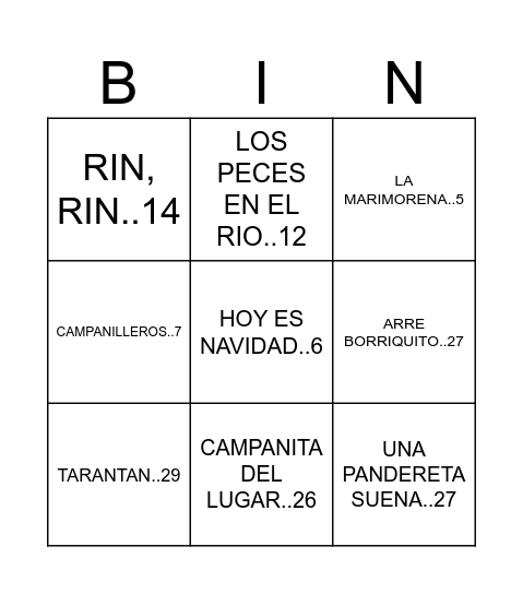 Bingo de Villancicos Bingo Card