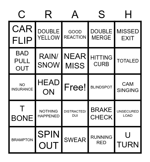 CAR CRASH BINGO Card