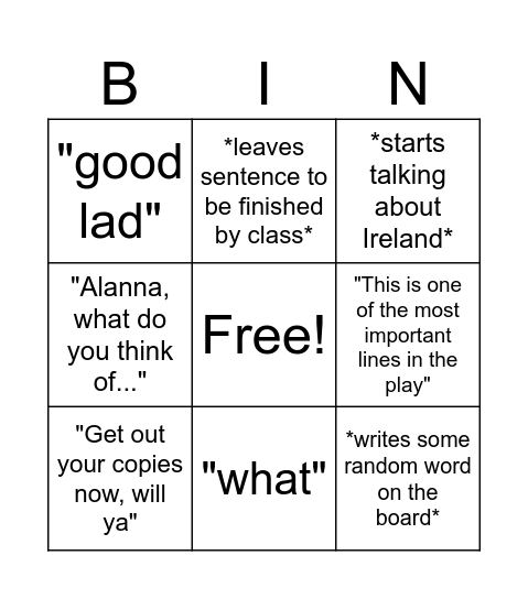 English Teacher Bingo Card