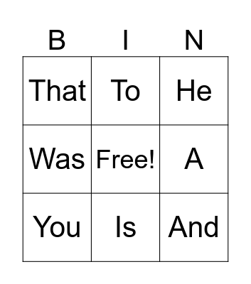 Sight Words Bingo Card