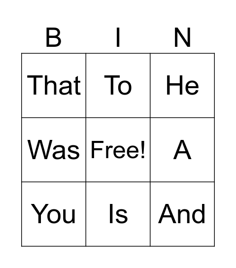 Sight Words Bingo Card