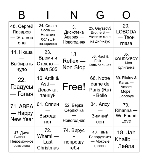 Muzbingo DNL Bingo Card