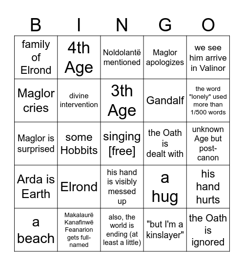 Maglor gets to Valinor fics: the bingo Card
