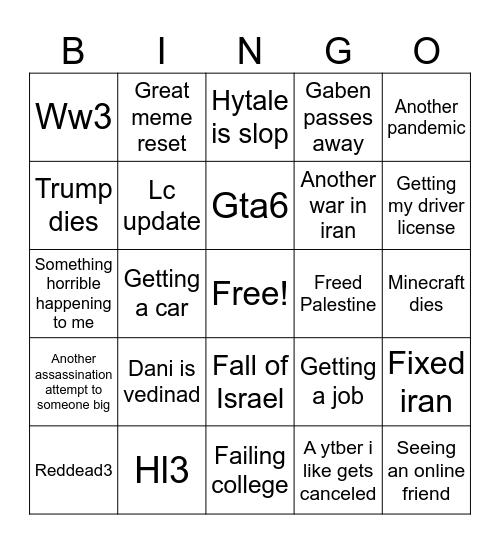 Late 2025 and 2026 bingo Card