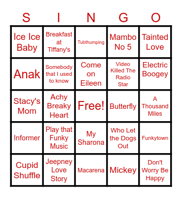 ibex-One Hit Wonder SINGO!! Bingo Card