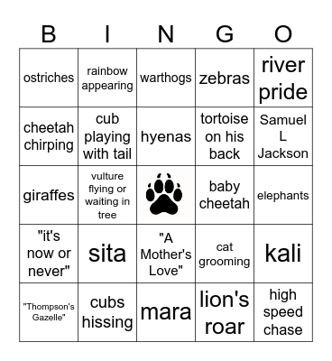 Disney Nature Cats Bingo Card