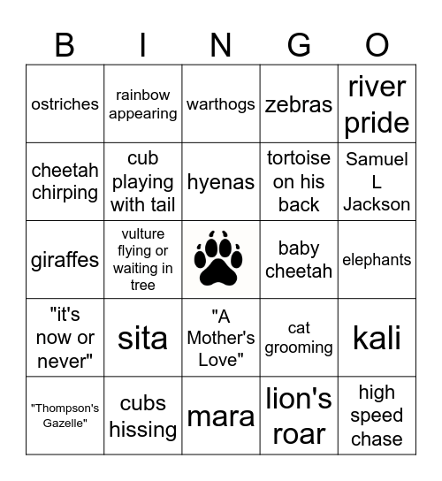 Disney Nature Cats Bingo Card
