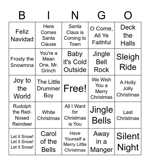 Christmas Song Bingo Card