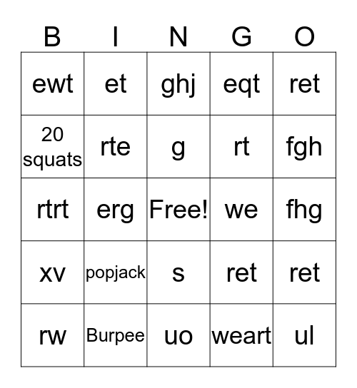 OrangeTheory Bingo Card