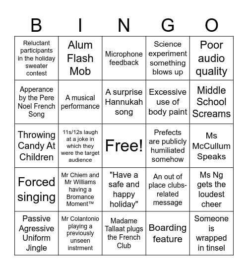 HOLIDAY ASSEMBLY Bingo Card