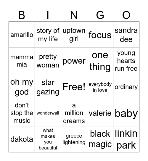 music bingo Card