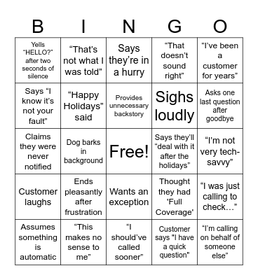 Customer Service Bingo Card