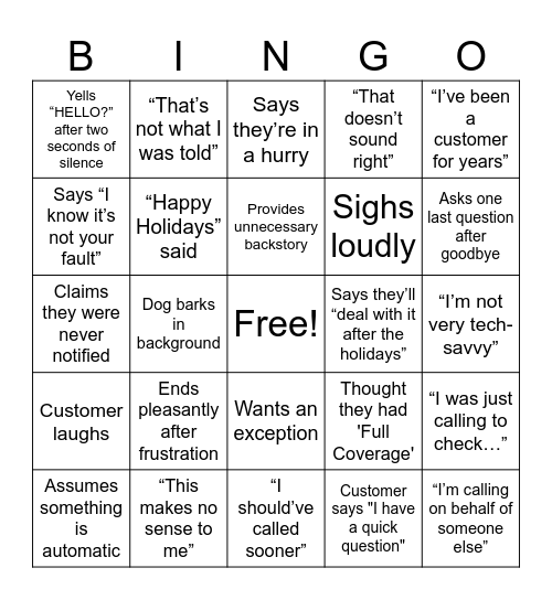 Customer Service Bingo Card