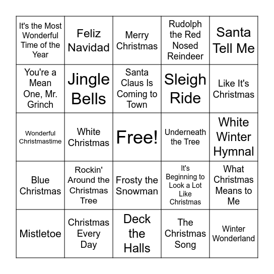 Christmas Song Bingo Card