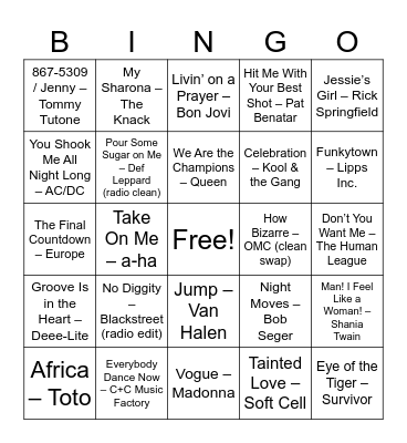 Classic Party Hits (70s - 90s) Bingo Card