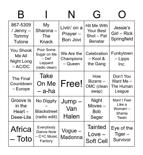 Classic Party Hits (70s - 90s) Bingo Card