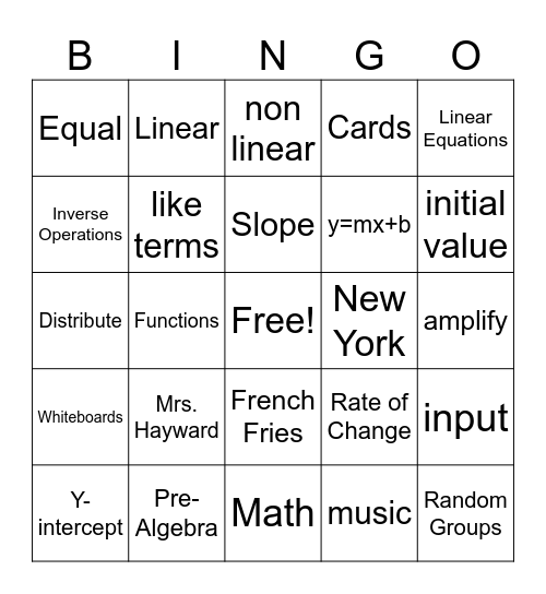 8th Grade Math Bingo Card