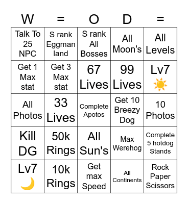Sonic unleashed bingo Card