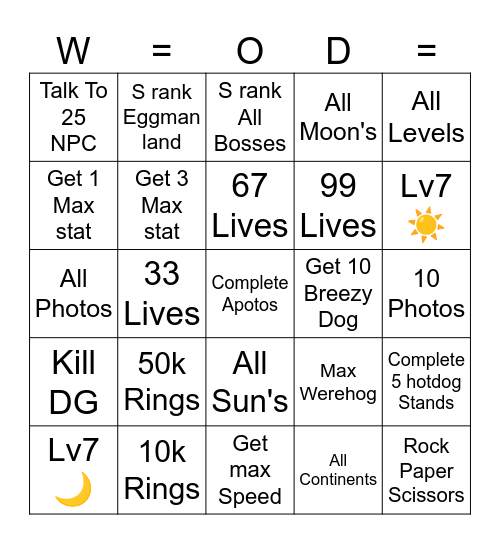 Sonic unleashed bingo Card