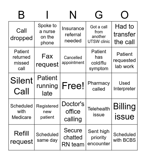 Primary Care Bingo Card