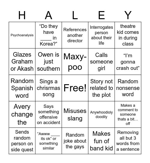 Mrs. Haley Bingo Card