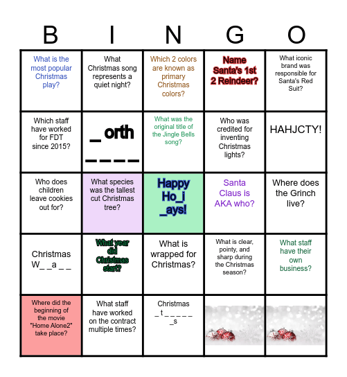 RSC Holiday Bingo Card