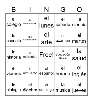 Las Clases y Los Días Bingo Card