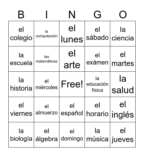 Las Clases y Los Días Bingo Card