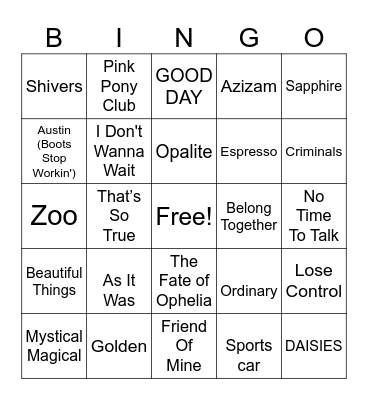 Modern Pop Bingo Card