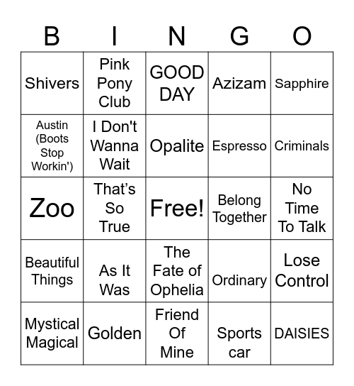 Modern Pop Bingo Card