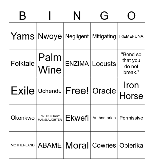 Things Fall Apart Bingo Card