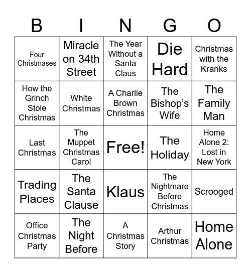 EO Holiday Bingo "X-Mas Movies" Bingo Card