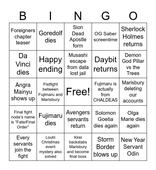 Finale Bingo Card
