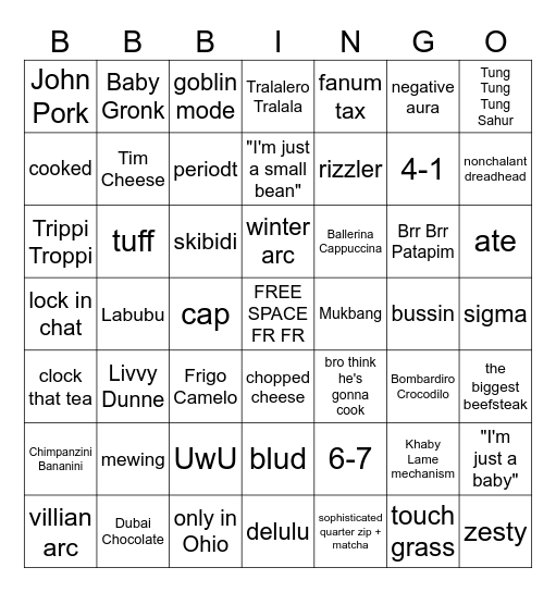 Brain Rot Bingo Card