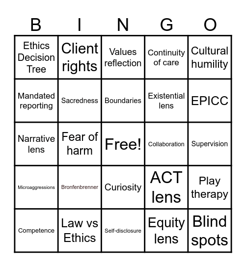 Values in the Room: Series Wrap Up! Bingo Card