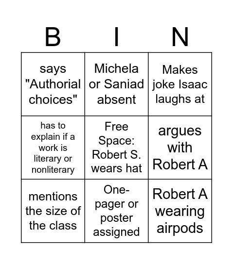 IB English 2 2A Bingo Card