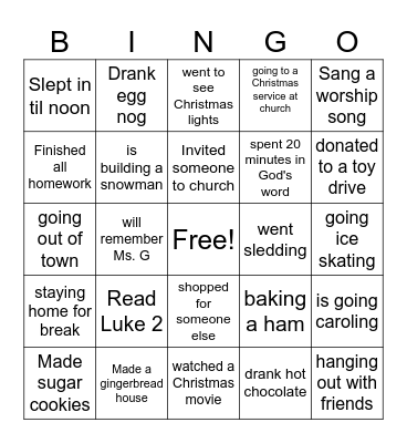 Christmas Break Bingo Card