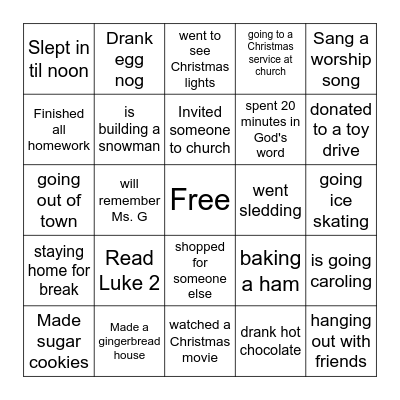 Christmas Break Bingo Card