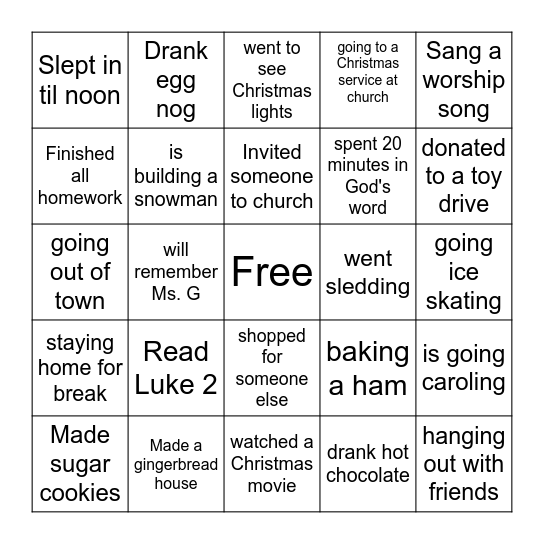 Christmas Break Bingo Card