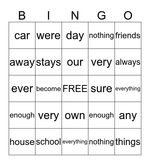 Unit 3 High Frequency Words Bingo Card