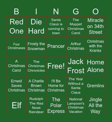 Christmas Movies Bingo Card