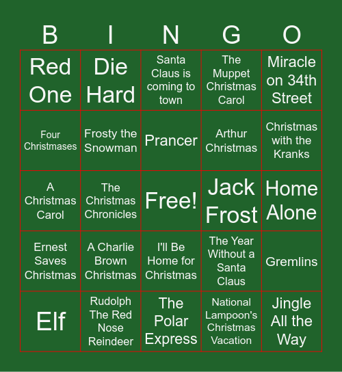 Christmas Movies Bingo Card